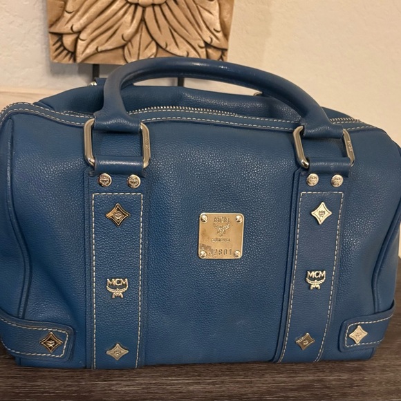 MCM Blue Leather Boston Bag with Silver Accents - Picture 2 of 13